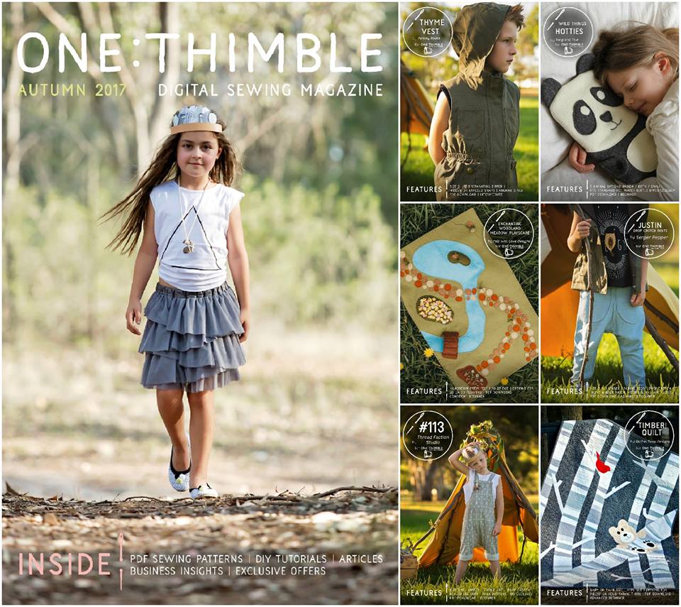 felt play mat, hot water bottle cover, vest pattern, pants patter, romper pattern, bear woodlands quilt, One thimble magazine, sewing e-zine